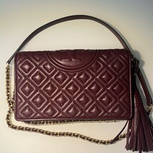 Tory Burch Fleming Quilted Leather Wallet on Chain Crossbody Burgundy